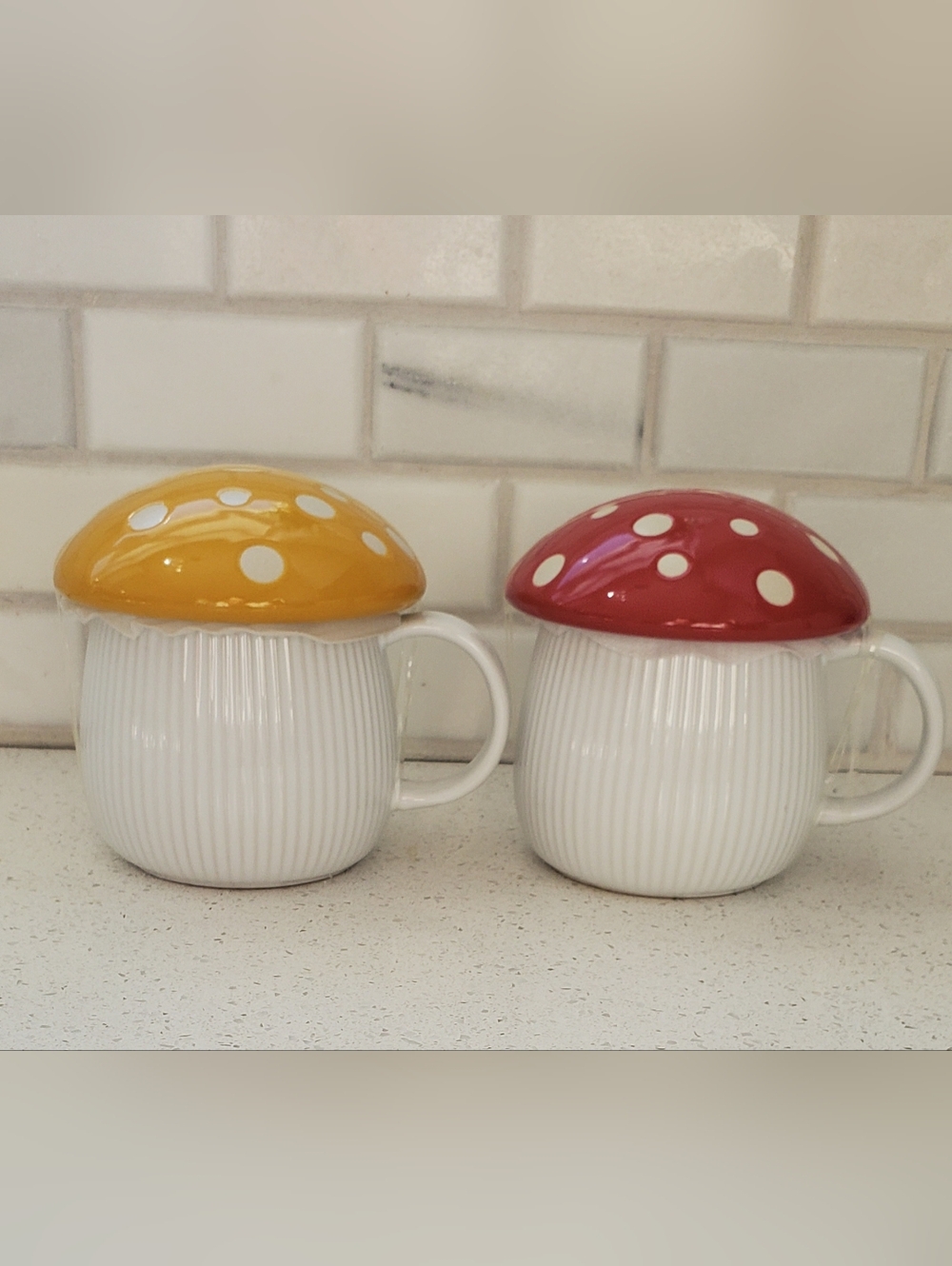 World Market Mushroom Ceramic Mug Polka Dot Lidded Cottagecore Whimsical Set (2)